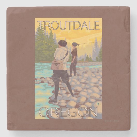 女性は魚釣り- Troutdale、オレゴン--を飛ばします ストーンコースター (正面)