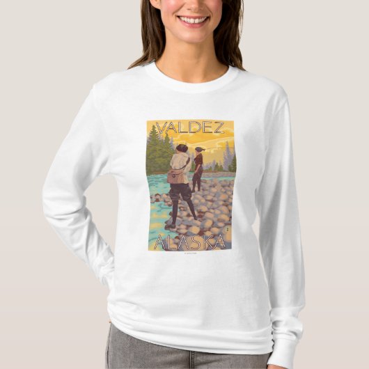 女性は魚釣り- Valdez、アラスカ--を飛ばします Tシャツ (正面)