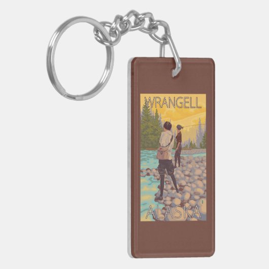 女性は魚釣り- Wrangell、アラスカ--を飛ばします キーホルダー (正面左)