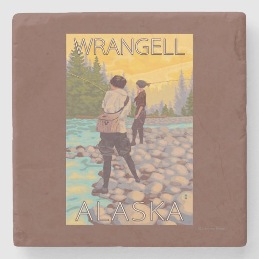 女性は魚釣り- Wrangell、アラスカ--を飛ばします ストーンコースター (正面)