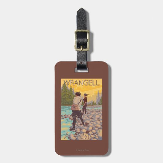 女性は魚釣り- Wrangell、アラスカ--を飛ばします ラゲッジタグ (正面縦)