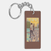 女性はFishingIdahoVintage旅行ポスターを飛ばします キーホルダー (正面左)