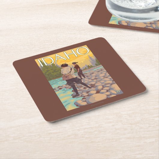 女性はFishingIdahoVintage旅行ポスターを飛ばします スクエアペーパーコースター (アングル)