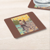 女性はFishingIdahoVintage旅行ポスターを飛ばします スクエアペーパーコースター (アングル)