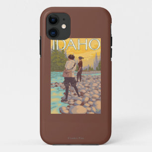 女性はFishingIdahoVintage旅行ポスターを飛ばします iPhone 11 ケース