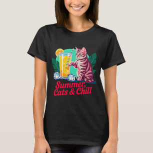 女性へのサマーキャットギフト - レトロキャット&リラックス ピンバッジ Tシャツ