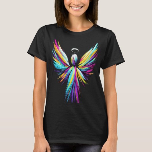 女性または男性用の黒いTシャツに描かれた抽象的な天使 Tシャツ (正面)
