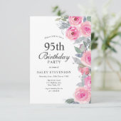 女性らしいピンクの水彩花柄のエレガントな95歳の誕生日 招待状 (スタンド正面)