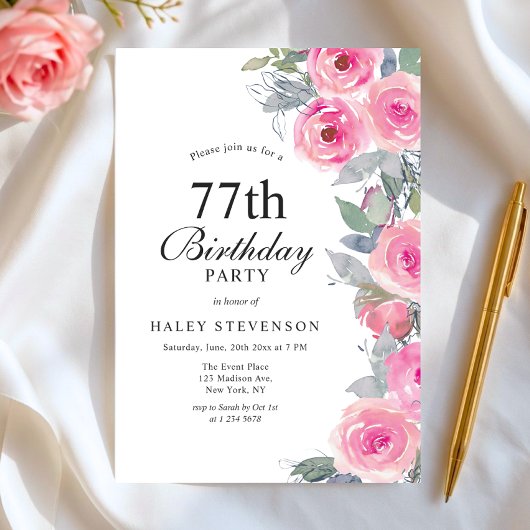 女性らしいピンクの水彩花柄の洗練された77歳の誕生日 招待状