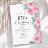 女性らしいピンクの水彩花柄の87歳の誕生日 招待状