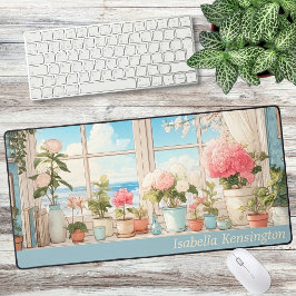女性らしいピンクの水彩花柄 オーダーメイド デスクマット