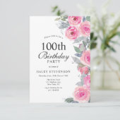 女性らしいピンクの水彩花柄 100歳の誕生日 招待状 (スタンド正面)