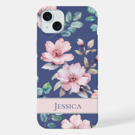 女性らしいピンクの花のブルー携帯ケース iPhone 15 PLUSケース