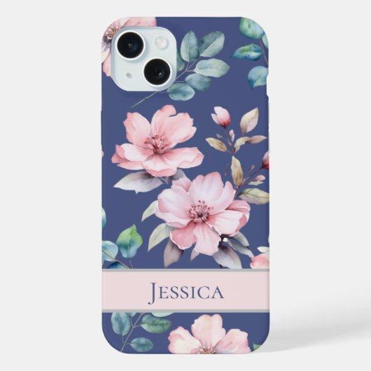 女性らしいピンクの花のブルー携帯ケース iPhoneケース (裏面)