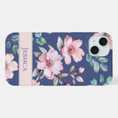 女性らしいピンクの花のブルー携帯ケース iPhoneケース (裏面横)