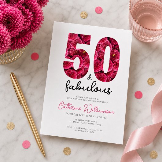 女性らしいピンクの花柄の50歳のお誕生日おめでとう 招待状
