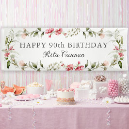 女性らしい水彩フラワーの90歳の誕生日おめでとう 横断幕