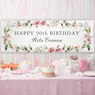 女性らしい水彩フラワーの90歳の誕生日おめでとう 横断幕