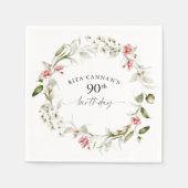 女性らしい水彩画風のピンクの花柄 90歳の誕生日 スタンダードカクテルナプキン (正面)