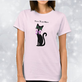 女性らしい黒猫のピンクのリボン グリーンアイ Tシャツ