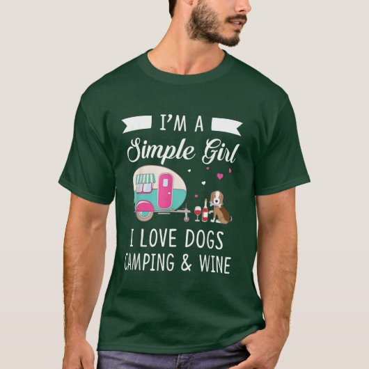 女性らしくシンプルが好き 犬とキャンプとワインを愛する女性 Tシャツ (正面)
