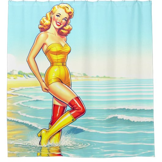 女性をピン留めする シャワーカーテン (正面)