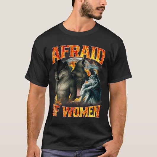 女性を怖がる おもしろ アルファウルフ ミーム ひやかし 男 D Tシャツ (正面)