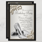 女性アイボリーとブラック・バースデーパーティー 招待状 (正面/裏面)