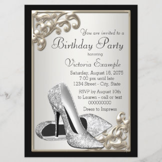 女性アイボリーとブラック・バースデーパーティー 招待状