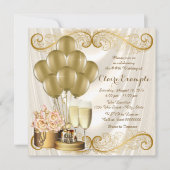 女性アイボリーと金ゴールド誕生日パーティー 招待状 (正面)