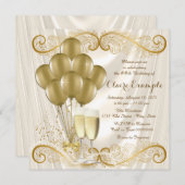 女性アイボリー金ゴールドバースデーパーティシャンパングラマー 招待状 (正面/裏面)