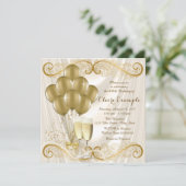 女性アイボリー金ゴールドバースデーパーティシャンパングラマー 招待状 (スタンド正面)