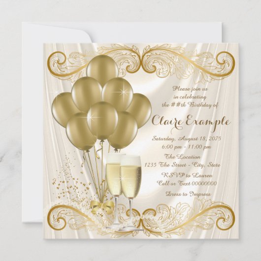 女性アイボリー金ゴールドバースデーパーティシャンパングラマー 招待状 (正面)