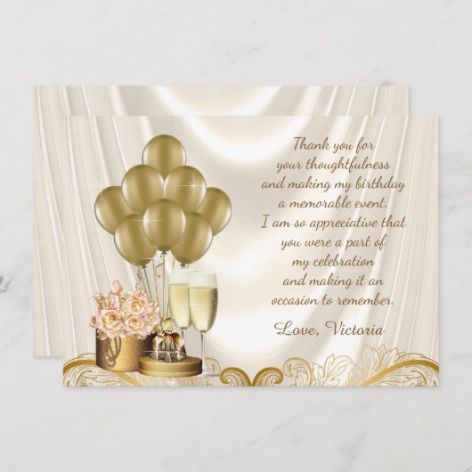 女性アイボリー金ゴールド誕生日パーティーサンキューカード サンキューカード (正面/裏面)