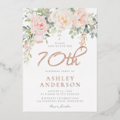 女性アイボリー&赤面70thバースデーパーティーバラ金ゴールド 箔招待状 (正面)