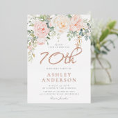 女性アイボリー&赤面70thバースデーパーティーバラ金ゴールド 箔招待状 (立ち正面)