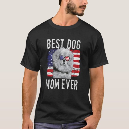 女性アメリカ国旗最高の犬母マベバーチベットマス Tシャツ (正面)