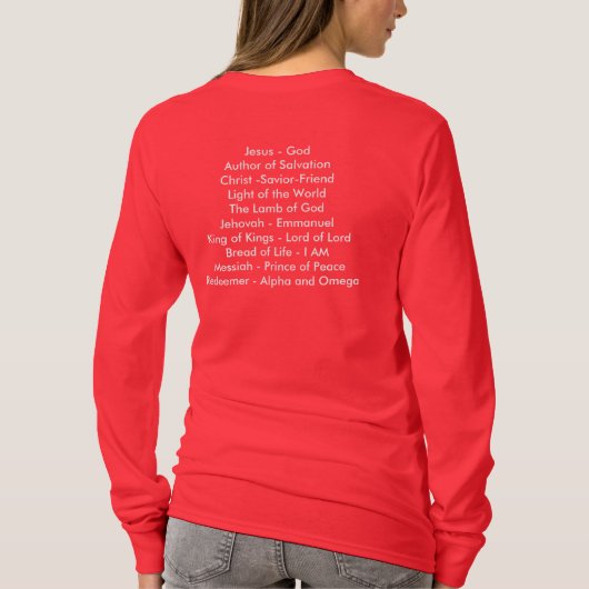 女性イエス・キリスト名前はとりわけプルオーバーを示します Tシャツ (裏面)