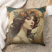 女性イラストレーションとアールヌーボー クッション (ブランケット)