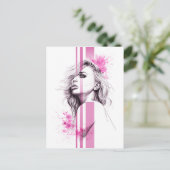 女性インクポートレートピンクファッションイラストレーション美術 ポストカード (スタンド正面)