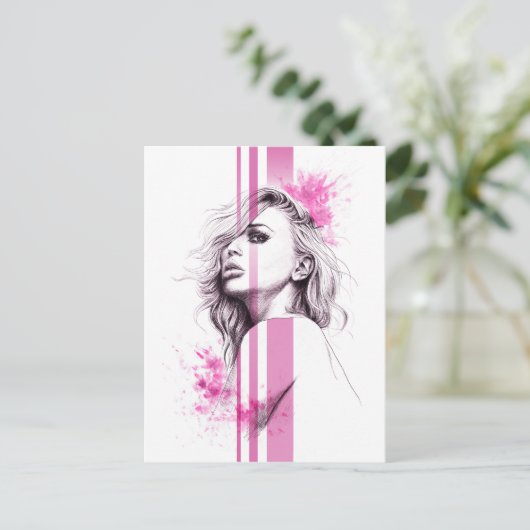 女性インクポートレートピンクファッションイラストレーション美術 ポストカード (スタンド正面)
