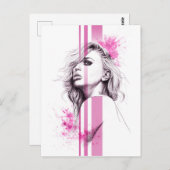 女性インクポートレートピンクファッションイラストレーション美術 ポストカード (正面/裏面)