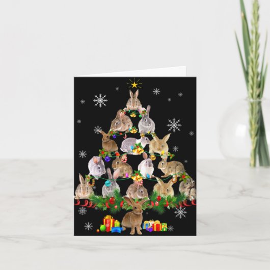 女性ウサギ クリスマスツリー 雪面白いウサギ Xmas カード (正面)