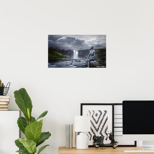 女性エイリアンとUFO宇宙船グラフィックアートポスター ポスター (ホームオフィス)