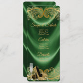 女性エメラルドグリーンと金ゴールドバースデーパーティーメニュー 招待状 (正面/裏面)