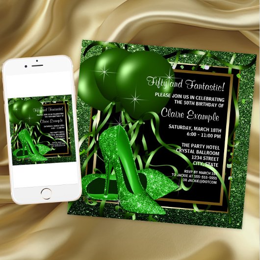 女性エメラルドグリーンハイヒールシューバースデーパーティー 招待状
