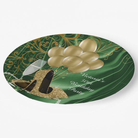 女性エメラルド金ゴールドバースデーパーティー紙プレート ペーパープレート (アングル)