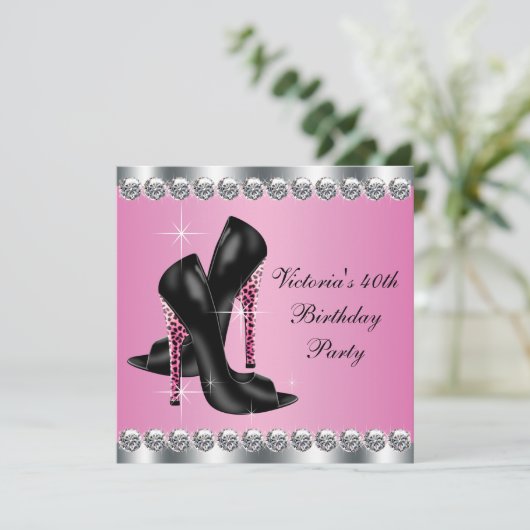 女性エレガントシックピンクヒョウ誕生日パーティー 招待状 (スタンド正面)