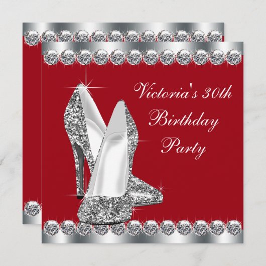 女性エレガントシルバーと赤の誕生日パーティー 招待状 (正面/裏面)