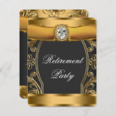 女性エレガントブラックおよび金ゴールド退職パーティー 招待状 (正面/裏面)